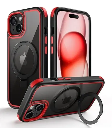 iPhone 15 uchun Mobnano himoya korpusi, MagSafe mos, shaffof orqa, harbiy darajadagi himoya, magnit uzuk tutqichi va himoya tamponlari, sarg'aymaydigan, tirnalishga chidamli - Qora/Qizil - 1