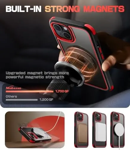 iPhone 15 uchun Mobnano himoya korpusi, MagSafe mos, shaffof orqa, harbiy darajadagi himoya, magnit uzuk tutqichi va himoya tamponlari, sarg'aymaydigan, tirnalishga chidamli - Qora/Qizil - 3