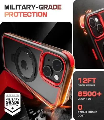 iPhone 15 uchun Mobnano himoya korpusi, MagSafe mos, shaffof orqa, harbiy darajadagi himoya, magnit uzuk tutqichi va himoya tamponlari, sarg'aymaydigan, tirnalishga chidamli - Qora/Qizil - 4
