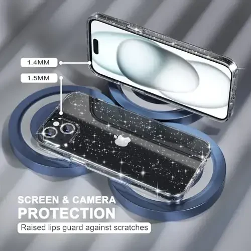iPhone 15 uchun mos keladigan ayollar telefon qutisi, chiroyli Bling Sparkly, harbiy darajadagi tushishdan himoya, 2 olmosli kamera linzalari qopqog'i, 2 закаленное shisha himoyachisi, 6,1 dyuym (Glitter Black) - 4