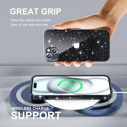 iPhone 15 uchun mos keladigan ayollar telefon qutisi, chiroyli Bling Sparkly, harbiy darajadagi tushishdan himoya, 2 olmosli kamera linzalari qopqog'i, 2 закаленное shisha himoyachisi, 6,1 dyuym (Glitter Black) - 6