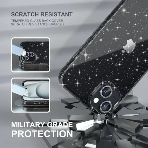 iPhone 15 uchun mos keladigan ayollar telefon qutisi, chiroyli Bling Sparkly, harbiy darajadagi tushishdan himoya, 2 olmosli kamera linzalari qopqog'i, 2 закаленное shisha himoyachisi, 6,1 dyuym (Glitter Black) - 5