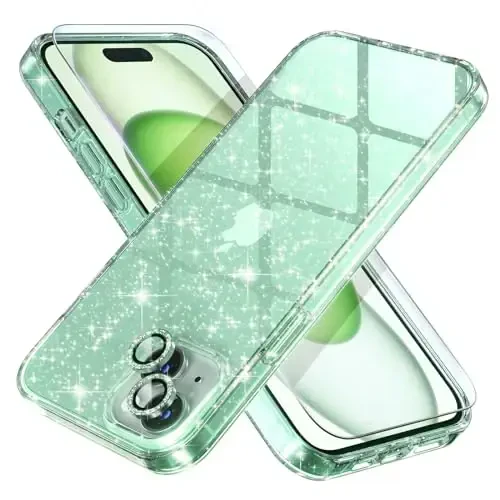 iPhone 15 uchun mos keladigan ayollar telefon qutisi, chiroyli yaltiroq, harbiy darajadagi tushishdan himoya, 2 olmosli kamera linzalari qopqog'i, 2 закалённое shisha himoyachisi, 6,1 dyuym (yaltiroq yashil) - 1