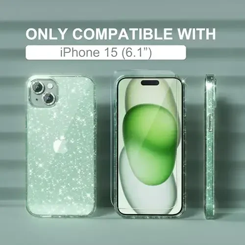 iPhone 15 uchun mos keladigan ayollar telefon qutisi, chiroyli yaltiroq, harbiy darajadagi tushishdan himoya, 2 olmosli kamera linzalari qopqog'i, 2 закалённое shisha himoyachisi, 6,1 dyuym (yaltiroq yashil) - CHOICHE (1)