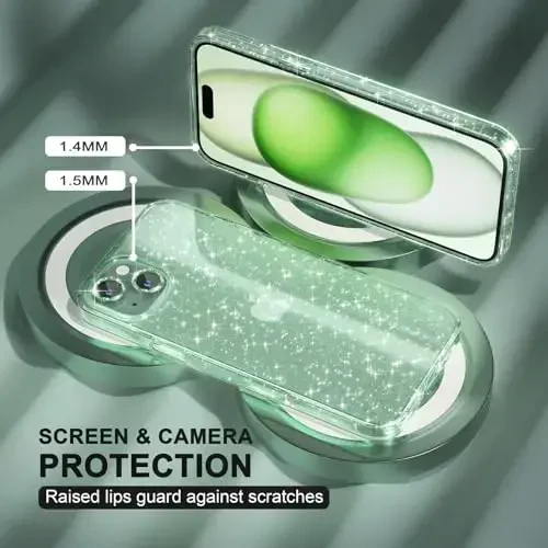 iPhone 15 uchun mos keladigan ayollar telefon qutisi, chiroyli yaltiroq, harbiy darajadagi tushishdan himoya, 2 olmosli kamera linzalari qopqog'i, 2 закалённое shisha himoyachisi, 6,1 dyuym (yaltiroq yashil) - 4