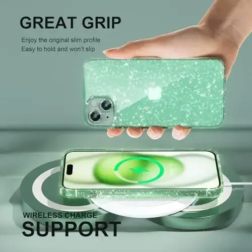 iPhone 15 uchun mos keladigan ayollar telefon qutisi, chiroyli yaltiroq, harbiy darajadagi tushishdan himoya, 2 olmosli kamera linzalari qopqog'i, 2 закалённое shisha himoyachisi, 6,1 dyuym (yaltiroq yashil) - 6