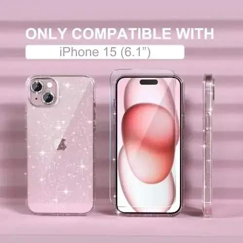 iPhone 15 uchun mos keladigan Choiche ayollar telefon qutisi, yoqimli yaltiroq, harbiy darajadagi tushishdan himoya, 2 ta olmosli kamera linzalari qopqog'i, 2 ta temperli shisha himoyachisi, 6,1 dyuym (Glitter Clear) - 3