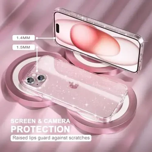 iPhone 15 uchun mos keladigan Choiche ayollar telefon qutisi, yoqimli yaltiroq, harbiy darajadagi tushishdan himoya, 2 ta olmosli kamera linzalari qopqog'i, 2 ta temperli shisha himoyachisi, 6,1 dyuym (Glitter Clear) - 5