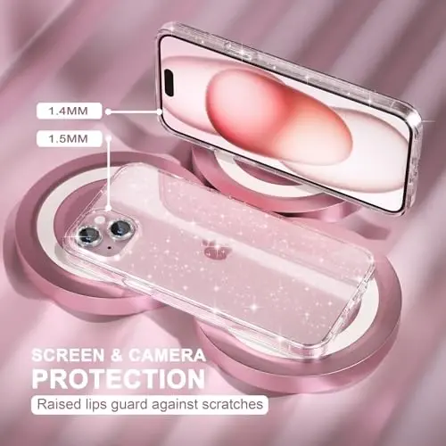 iPhone 15 uchun mos keladigan Choiche ayollar telefon qutisi, yoqimli yaltiroq, harbiy darajadagi tushishdan himoya, 2 ta olmosli kamera linzalari qopqog'i, 2 ta temperli shisha himoyachisi, 6,1 dyuym (Glitter Clear) - 5