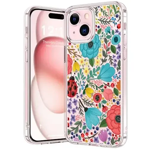 iPhone 15 uchun mos keladigan g'ilof, qizlar va ayollar uchun zamonaviy naqshli kristall akril shaffof, ingichka zarbaga chidamli himoya telefon qopqog'i 6,1 dyuym, ko'p rangli gullar - BICOL