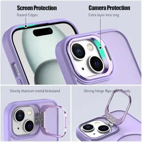 iPhone 15 uchun Nvollnoe g'ilofi MagSafe bilan mos keladi Harbiy darajadagi zarbaga chidamli kuchli himoya sozlanishi tayanchli mat yarim shaffof iPhone 15 uchun telefon g'ilofi (Binafsha) - 3