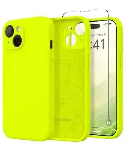 iPhone 15 uchun SuydanBox Magnetic gʻilofi, MagSafe bilan mos, [Ekran himoyachisi + Toʻliq kamera himoyasi], Silikon zarbaga chidamli tirnalishga qarshi himoya telefon gʻilofi iPhone 15 uchun, Fluorescent Yashil - 1