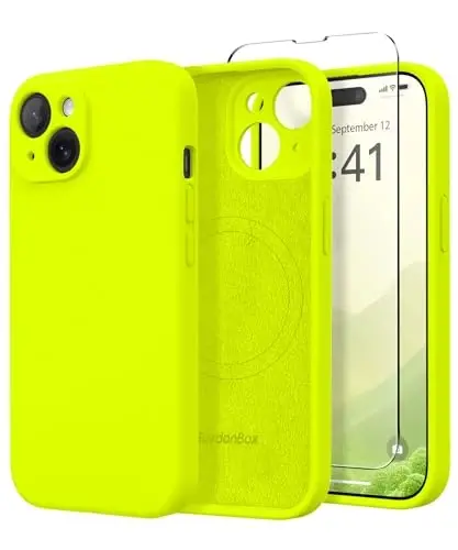 iPhone 15 uchun SuydanBox Magnetic gʻilofi, MagSafe bilan mos, [Ekran himoyachisi + Toʻliq kamera himoyasi], Silikon zarbaga chidamli tirnalishga qarshi himoya telefon gʻilofi iPhone 15 uchun, Fluorescent Yashil - 1