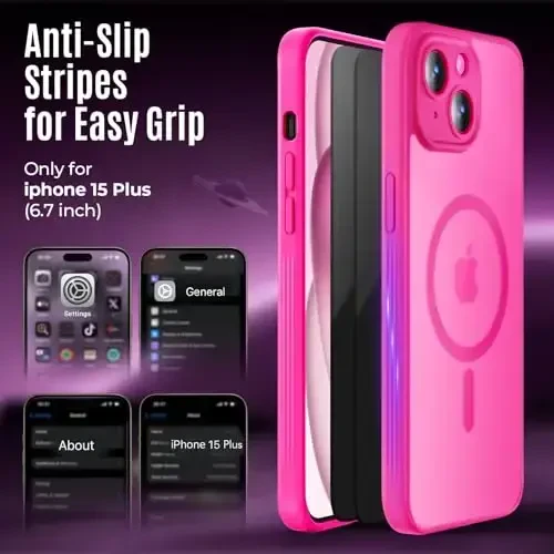 iPhone 15 uchun Symcele tomonidan ishlab chiqilgan g'ilof, MagSafe bilan mos, X2 Privacy Screen Protector bilan, [Kamera himoyasi] [15FT harbiy tomchi himoyasi] zarbga chidamli telefon g'ilofi, 6,1