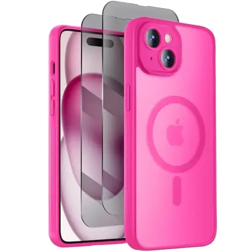 iPhone 15 uchun Symcele tomonidan ishlab chiqilgan g'ilof, MagSafe bilan mos, X2 Privacy Screen Protector bilan, [Kamera himoyasi] [15FT harbiy tomchi himoyasi] zarbga chidamli telefon g'ilofi, 6,1