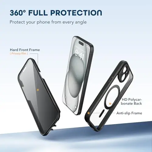 iPhone 15 uchun TIESZEN g‘ilofi, MagSafe bilan mos, o‘rnatilgan maxfiylik ekran himoyachisi va kamera himoyasi, josuslikka qarshi to‘liq korpusli chang o‘tkazmaydigan zarbaga chidamli qattiq telefon g‘ilofi 6.1