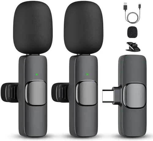 iPhone 15 (yuqorida) va Android USB-C qurilmasi uchun 2 ta Professional simsiz lavalier mikrofon to'plami, YouTube, yozuv, Vlog, Facebook Live uchun lapel mikrofonlari - 1