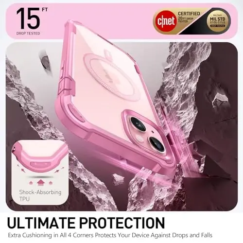 i-Blason AresMag for iPhone 15/14/13 [6.1 inch], MagSafe Compatible Full-Body Shockproof Clear Bumper Case with Built-in Screen Protector (Pink) - 4