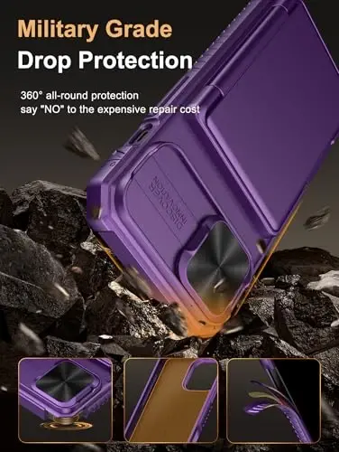 Vihibii for iPhone 15/14/13 Wallet Case, Built-in Card Holder (4 Cards), RFID Blocking & Slide Camera Cover, Military Grade Drop Protection, Rugged Hard Phone Case, Dark Purple - 5