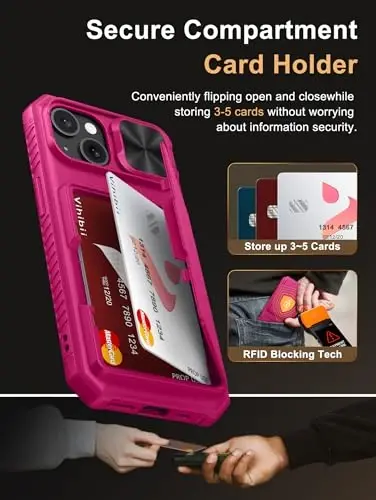 Vihibii for iPhone 15/14/13 Wallet Case with Card Holder (4 Cards), RFID Blocking & Slide Camera Cover & Raised Edges Protect Screen, Heavy Duty Shockproof Phone Case, Hot Pink - 3