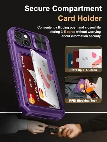 iPhone 15/14/13 uchun Vihibii hamyon gʻilofi, oʻrnatilgan karta ushlagichi (4 ta karta), RFID blokirovkasi va surma kamera qopqogʻi, harbiy darajadagi tushishdan himoya, mustahkam qattiq telefon gʻilofi, toʻq binafsha - 3