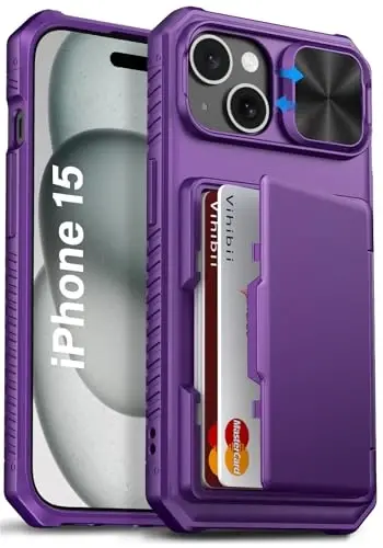 iPhone 15/14/13 uchun Vihibii hamyon gʻilofi, oʻrnatilgan karta ushlagichi (4 ta karta), RFID blokirovkasi va surma kamera qopqogʻi, harbiy darajadagi tushishdan himoya, mustahkam qattiq telefon gʻilofi, toʻq binafsha - 1