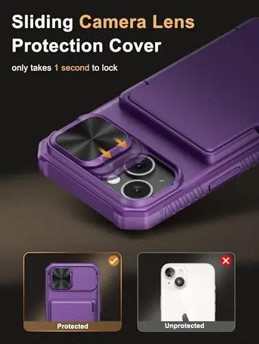 iPhone 15/14/13 uchun Vihibii hamyon gʻilofi, oʻrnatilgan karta ushlagichi (4 ta karta), RFID blokirovkasi va surma kamera qopqogʻi, harbiy darajadagi tushishdan himoya, mustahkam qattiq telefon gʻilofi, toʻq binafsha - 4