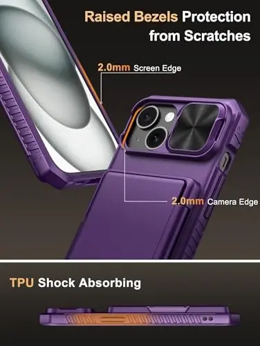 iPhone 15/14/13 uchun Vihibii hamyon gʻilofi, oʻrnatilgan karta ushlagichi (4 ta karta), RFID blokirovkasi va surma kamera qopqogʻi, harbiy darajadagi tushishdan himoya, mustahkam qattiq telefon gʻilofi, toʻq binafsha - 6