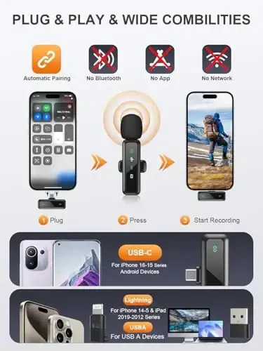 USB C Wireless Lavalier Microphone for iPhone 15/16, Mini Lav LED Mic for Android Phone with Noise Cancelling, Lapel Podcast Microphone for Tiktok Content Creator Video Recording, Streaming, Vlogging - 6