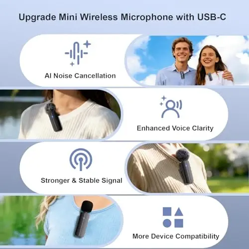 2 Pack Wireless Mini Lavalier Lapel Microphone for iPhone 15,16,Android Phone - 65ft Cordless Clip on Dual Mics with Noise Reduction 6H Working Time for Video Recording Vlogging, YouTube, Interview - 1