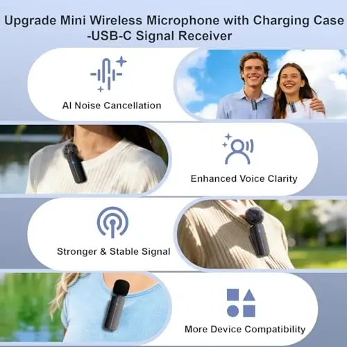 2 Pack Wireless Mini Lavalier Lapel Microphone for iPhone 15,16,Android Phone w/ Case - 65ft Cordless Clip on Dual Mics with Noise Reduction 6H Working Time for Video Recording Vlogging, YouTube - 1
