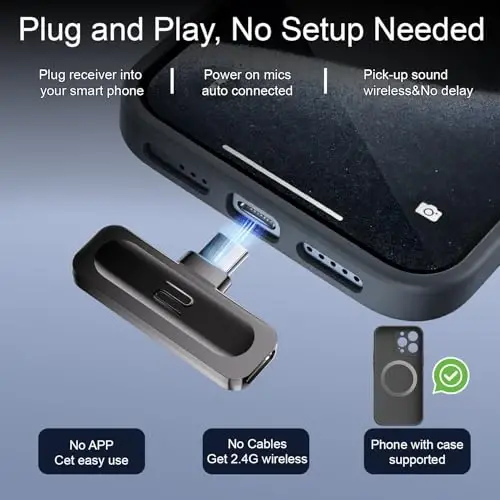 2 Pack Wireless Mini Lavalier Lapel Microphone for iPhone 15,16,Android Phone w/ Case - 65ft Cordless Clip on Dual Mics with Noise Reduction 6H Working Time for Video Recording Vlogging, YouTube - 2