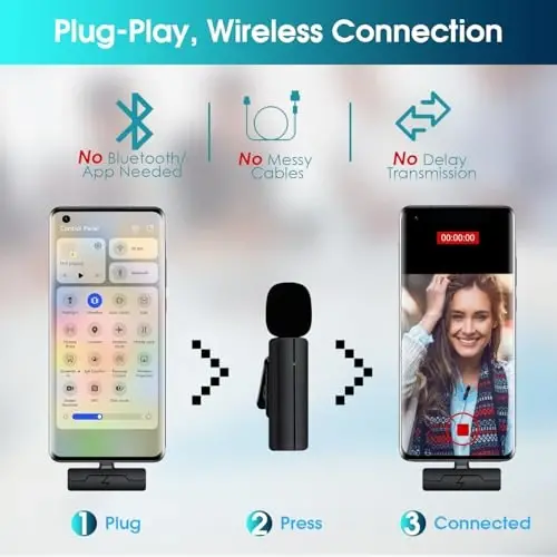 iPhone 15/Android/Kompyuter uchun simsiz Lavalier Lapel mikrofon - Video yozish uchun Bluetooth Mini Telefon mikrofon, YouTube Tiktok Podcast Vlog va Livestream uchun qisqichli USB C mikrofonlari - 2