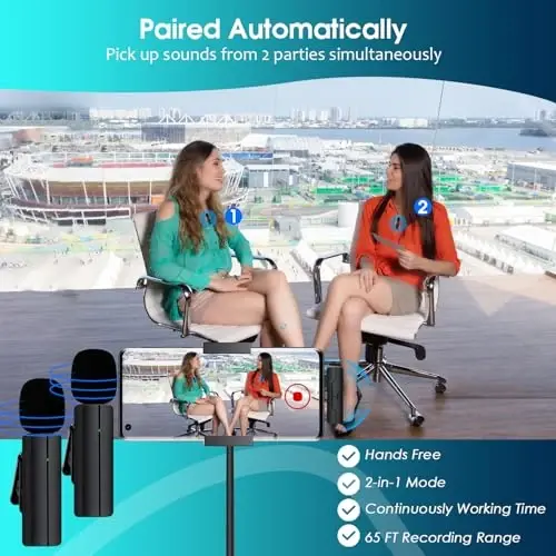 iPhone 15/Android/Kompyuter uchun simsiz Lavalier Lapel mikrofon - Video yozish uchun Bluetooth Mini Telefon mikrofon, YouTube Tiktok Podcast Vlog va Livestream uchun qisqichli USB C mikrofonlari - 5
