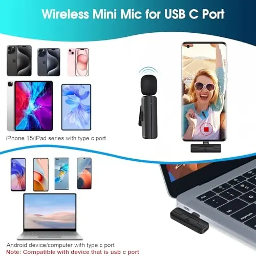 iPhone 15/Android/Kompyuter uchun simsiz Lavalier Lapel mikrofon - Video yozish uchun Bluetooth Mini Telefon mikrofon, YouTube Tiktok Podcast Vlog va Livestream uchun qisqichli USB C mikrofonlari - 6