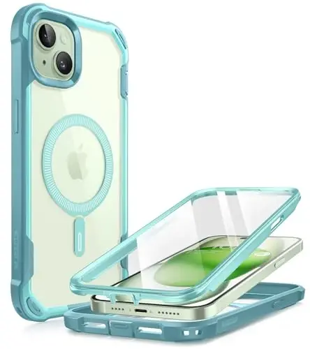 i-Blason Ares Mag for iPhone 15 Case/iPhone 14 13 Case [6.1 inch], [MagSafe Compatible] Full-Body Shockproof Rugged Clear Bumper with Built-in Screen Protector (Seafoam), iPhone2023-6.1-AreMag-SP 