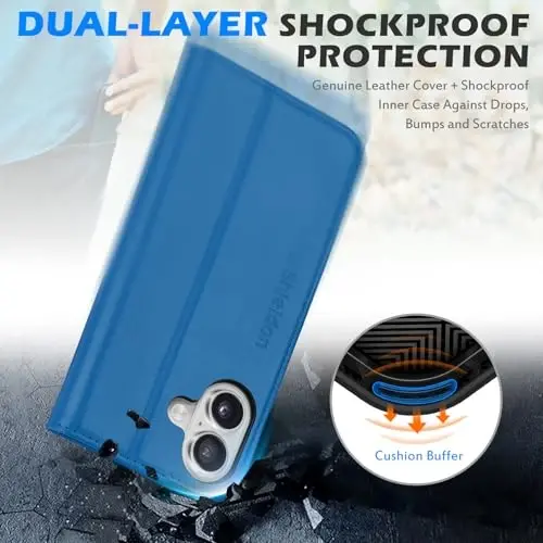 SHIELDON Wallet Case for iPhone 16 2024, Genuine Leather Folio Case with Kickstand, RFID Blocking Card Slots, Magnetic Shockproof Cover, Compatible with iPhone 16 5G 6.1