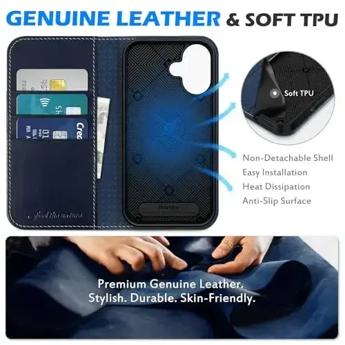 SHIELDON Wallet Case for iPhone 16 5G 2024, Genuine Leather Folio Book Magnetic Closure RFID Blocking Card Slots Kickstand Full Protection Case Compatible with iPhone 16 6.1