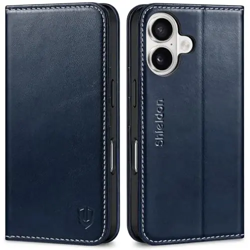 SHIELDON Wallet Case for iPhone 16 5G 2024, Genuine Leather Folio Book Magnetic Closure RFID Blocking Card Slots Kickstand Full Protection Case Compatible with iPhone 16 6.1