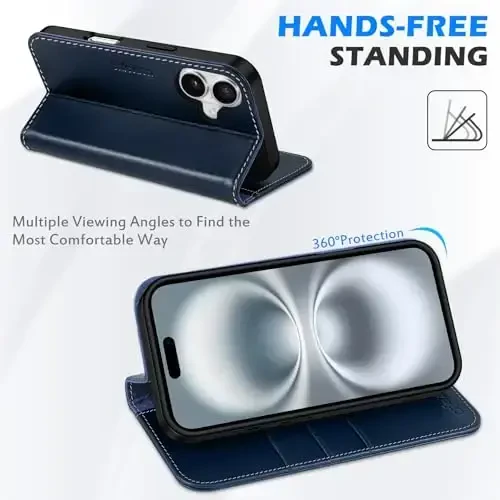 SHIELDON Wallet Case for iPhone 16 5G 2024, Genuine Leather Folio Book Magnetic Closure RFID Blocking Card Slots Kickstand Full Protection Case Compatible with iPhone 16 6.1