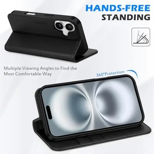 SHIELDON Wallet Case for iPhone 16 5G 2024, Genuine Leather RFID Blocking Credit Card Holder Folio Magnetic Kickstand Shock-Absorbent Protective Phone Case Compatible with iPhone 16 6.1