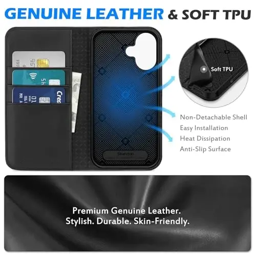 SHIELDON Wallet Case for iPhone 16 5G 2024, Genuine Leather RFID Blocking Credit Card Holder Folio Magnetic Kickstand Shock-Absorbent Protective Phone Case Compatible with iPhone 16 6.1
