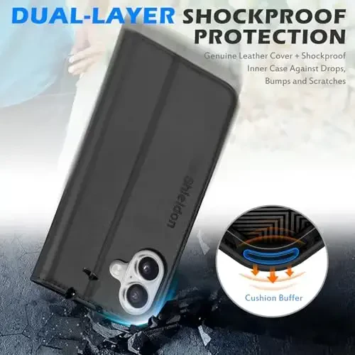 SHIELDON Wallet Case for iPhone 16 5G 2024, Genuine Leather RFID Blocking Credit Card Holder Folio Magnetic Kickstand Shock-Absorbent Protective Phone Case Compatible with iPhone 16 6.1