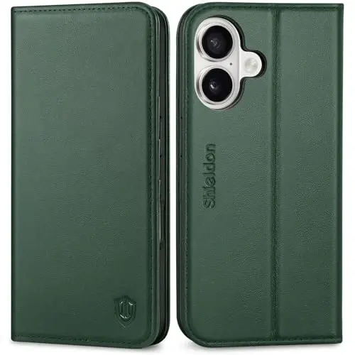 SHIELDON Case for iPhone 16 5G 2024, Genuine Leather Wallet Flip RFID Blocking Card Slot Kickstand Magnetic Shockproof TPU Phone Holder Case Compatible with iPhone 16 6.1