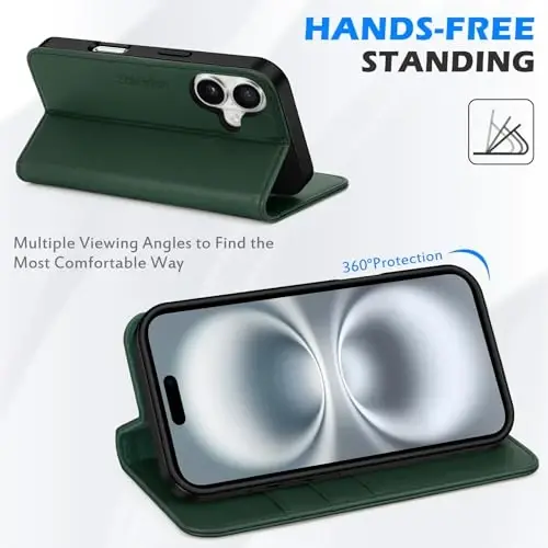 SHIELDON Case for iPhone 16 5G 2024, Genuine Leather Wallet Flip RFID Blocking Card Slot Kickstand Magnetic Shockproof TPU Phone Holder Case Compatible with iPhone 16 6.1