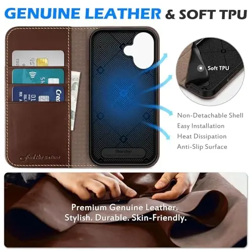 SHIELDON Case for iPhone 16 5G, Genuine Leather Foldable Wallet Magnetic Cover Kickstand RFID Blocking Credit Card Holder Shockproof Phone Case Compatible with iPhone 16 6.1