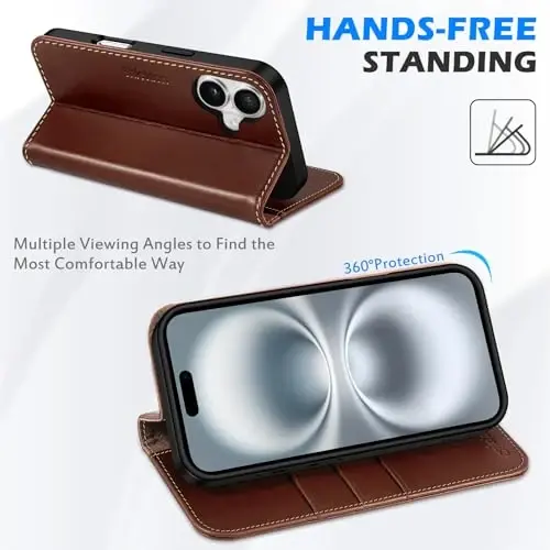 SHIELDON Case for iPhone 16 5G, Genuine Leather Foldable Wallet Magnetic Cover Kickstand RFID Blocking Credit Card Holder Shockproof Phone Case Compatible with iPhone 16 6.1