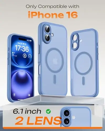 iPhone 16 6.1 dyuym (Ochiq ko'k) uchun Magsafe zaryadlovchi qurilmasiga mos keladigan, To'liq kamera himoyasi, Tomchidan himoya, Yarim shaffof mat telefon g'ilofi uchun TOCOL - 2