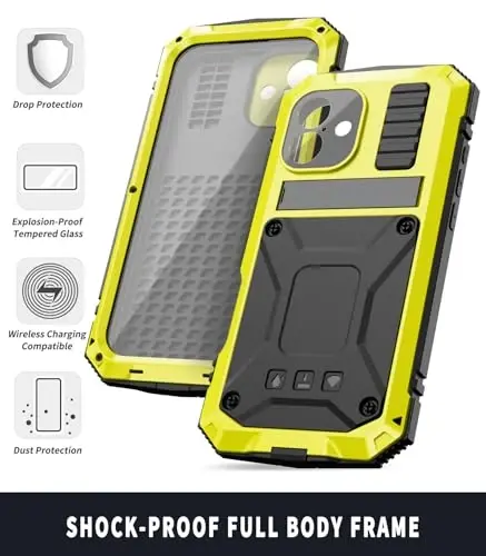 iPhone 16 Case 6.1inch Heavy Duty Rugged uchun mos [Aluminium Stan] Harbiy darajadagi metal kauchuk [Ekranni himoya qiluvchi kamera linzalari] Telefon qopqog'i (iPhone 16 6.1'' 2024 uchun mos) Sariq - 6