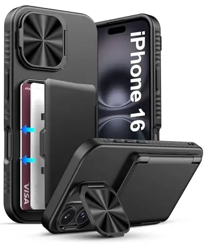ATATOO for iPhone 16 Case Wallet, Built-in Card Holder (3-5 Cards) & Stand & Camera Cover, Military Grade Protection Rugged Silicone Kickstand Phone Case for iPhone 16 6.1